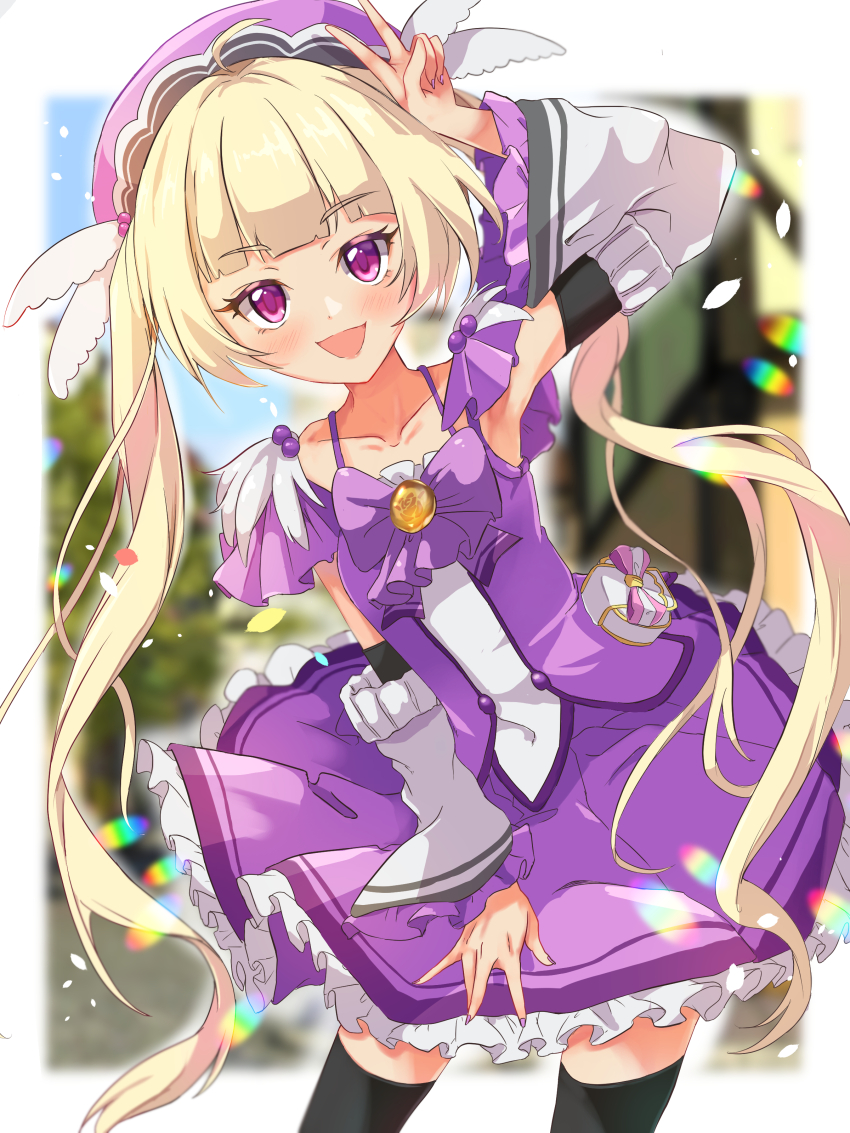 1boy absurdres ahoge armpits bare_shoulders blonde_hair blush bow bowtie chest_jewel commission crossdressing detached_sleeves frilled_skirt frilled_sleeves frills hat headdress highres hime_cut long_hair looking_at_viewer magical_girl nail_polish open_mouth pink_nails pixiv_commission princess_connect! purple_bow purple_bowtie purple_eyes skirt smile taki_(takimon) thighhighs trap twintails v very_long_hair yuki_(princess_connect!) zettai_ryouiki
