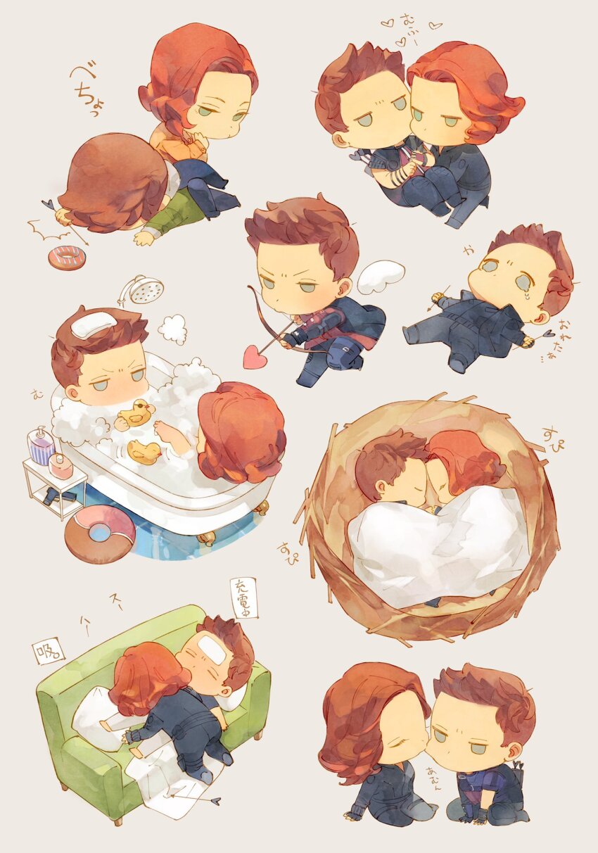 1boy 1girl angel_wings animification arrow_(projectile) avengers_(series) barefoot bath bathing black_bodysuit black_footwear black_gloves black_jacket black_pants black_shirt black_widow blanket blue_eyes blue_pants bodysuit boots bow_(weapon) brown_hair carrying chibi clint_barton closed_eyes closed_mouth couch crossed_legs crying crying_with_eyes_open denim donut fingerless_gloves floor foam food full_body gloves green_eyes green_jacket grey_background gun half-closed_eyes hand_on_own_face hand_up hawkeye_(marvel) heart hetero highres holding holding_arrow holding_bow_(weapon) holding_weapon hood hooded_jacket innertube jacket kiss kissing_cheek leg_up long_sleeves looking_to_the_side looking_up lying lying_on_person marvel marvel_cinematic_universe natasha_romanoff nest on_back on_couch on_side on_stomach open_clothes open_jacket orange_hair orange_jacket pants pillow pink_donut princess_carry roku0180 rubber_duck running shadow shirt short_hair short_sleeves shower_head simple_background sleeping soap_bottle superhero_costume swim_ring t-shirt table tears the_avengers_(2012) v-shaped_eyebrows weapon white_pants wings wristband
