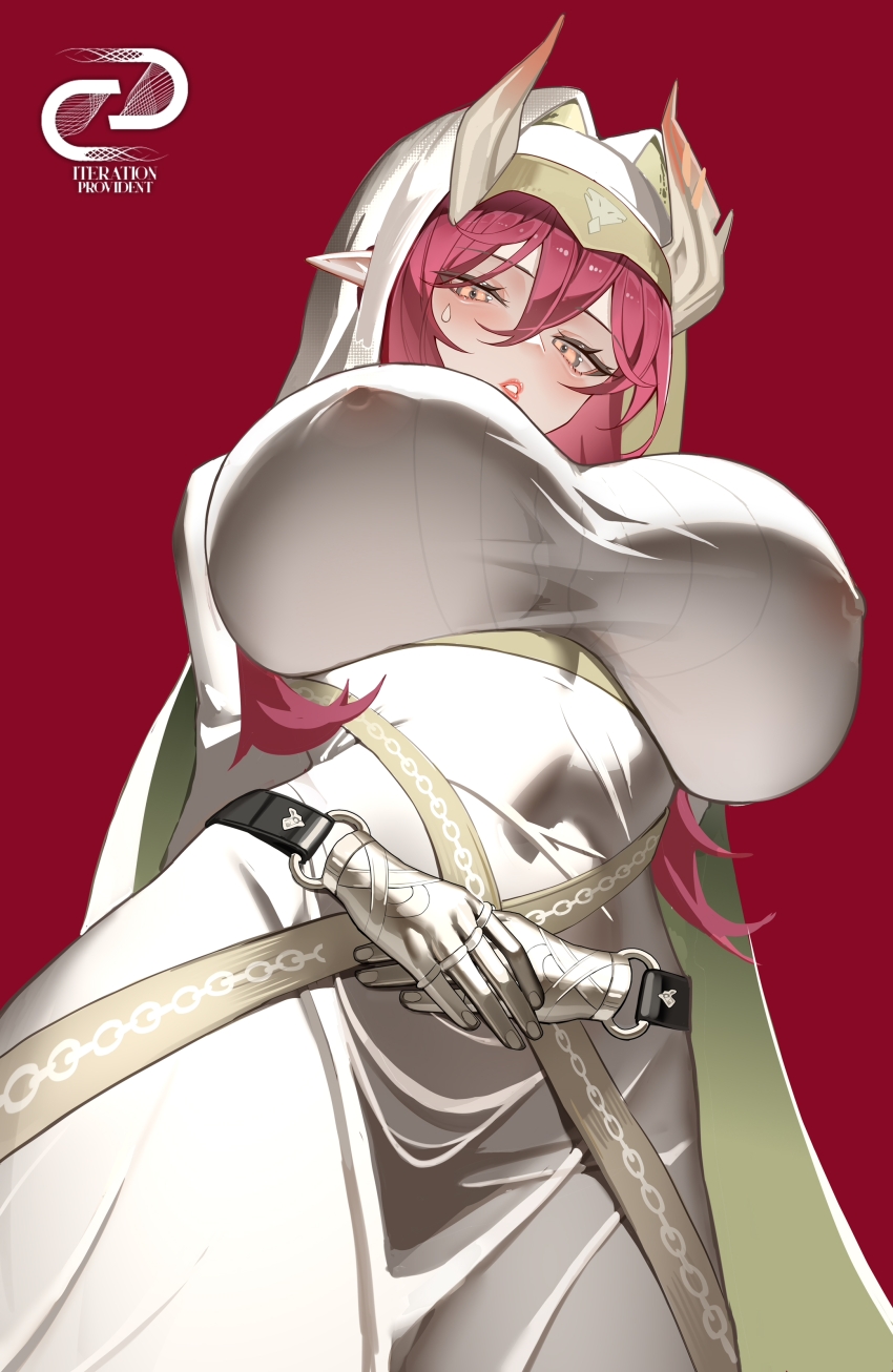 1girl absurdres arknights ascalon_(arknights) ascalon_(phototaxis)_(arknights) breasts commentary_request covered_erect_nipples dress highres horns huge_breasts large_breasts lips long_hair official_alternate_costume orange_eyes pointy_ears purple_hair solo teardrop_facial_mark veil white_dress white_horns white_veil yat_(tsmn7245)