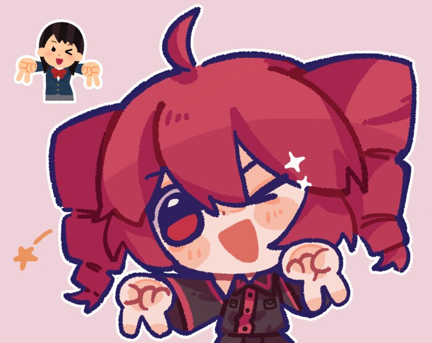 1girl ahoge black_sleeves blush breast_pocket buttons chibi chibi_only collared_shirt detached_sleeves double-parted_bangs double_v drill_hair flat_chest hair_between_eyes highres irasutoya irasutoya_challenge kasane_teto kasane_teto_(utau) long_sleeves moochaakaka one_eye_closed open_mouth pink_background pleated_skirt pocket red_eyes red_hair red_trim shirt simple_background skirt skirt_set sleeveless sleeveless_shirt solid_circle_eyes solo three-quarter_sleeves twin_drills utau v wing_collar