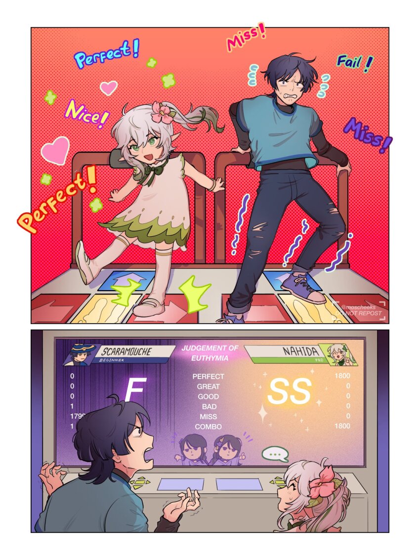 1boy 1girl alternate_costume angry bemani contemporary dance_dance_revolution dancing failure genshin_impact good_job! highres miss moscheeks nahida_(genshin_impact) raiden_shogun scaramouche_(genshin_impact) scoreboard wanderer_(genshin_impact)