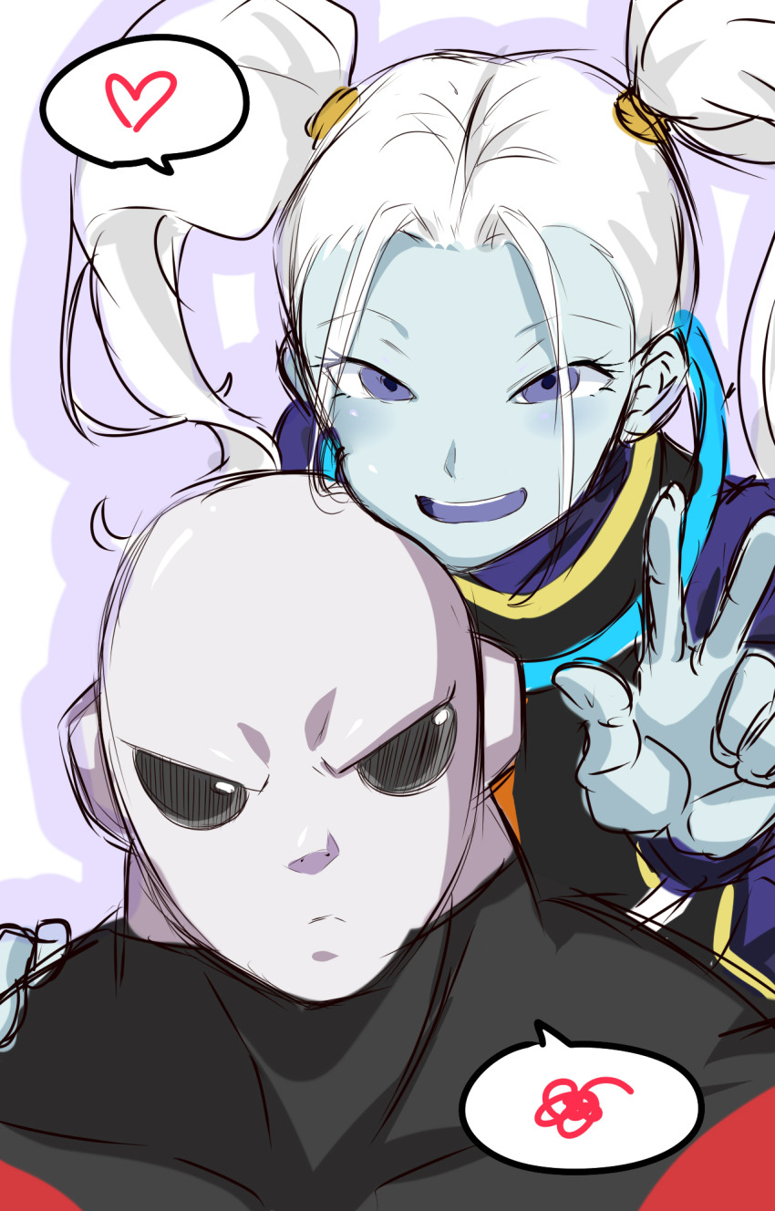 10s 1boy 1girl angel_(dragon_ball) angry artist_request blue_skin colored_skin dragon_ball dragon_ball_super dress heart highres jiren long_hair looking_at_viewer marcarita_(dragon_ball) muscular open_mouth pale_skin serious smile spoken_heart twintails universe_11_(dragon_ball) v white_hair white_skin