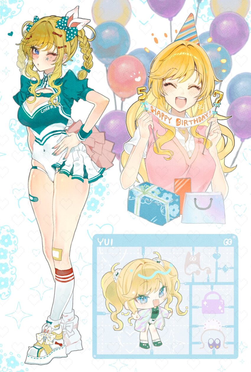 1girl ;o ^_^ bag bandaid bandaid_on_knee bandaid_on_leg bandaid_on_thigh blonde_hair blue_eyes blush bow box braid breasts chibi cleavage cleavage_cutout closed_eyes clothing_cutout covered_navel fujima_(k114) gift gift_box hair_bow hand_on_own_hip hat heart highres idolmaster idolmaster_cinderella_girls large_breasts leotard long_hair looking_at_viewer multicolored_leotard multiple_views ohtsuki_yui one_eye_closed party_hat pink_sweater_vest polka_dot polka_dot_bow puffy_short_sleeves puffy_sleeves shirt shoes shopping_bag short_sleeves shorts skindentation sneakers speech_bubble star_(symbol) straight_hair sweater_vest twin_braids twintails two-tone_leotard very_long_hair white_shirt white_shorts