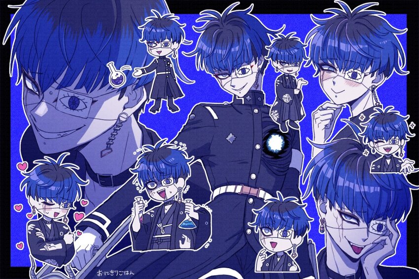 1boy @_@ animal_print armband beaker black_border black_hair blue_background blue_eyes blue_hair blush border chibi chibi_inset chin_piercing choker cracked_skin dual_wielding earrings eyepatch face_piercing fingernails flask gakuran geta gloves gohan_(8823cobalt) hand_on_own_chin hand_on_own_face haori holding holding_beaker holding_vial holding_weapon hole_in_chest hole_on_body japanese_clothes jewelry kimono last_defense_academy_school_uniform looking_at_viewer male_focus multicolored_hair multiple_views omokage_yugamu outline outstretched_arm outstretched_hand piercing print_eyepatch ring round-bottom_flask school_uniform sharp_fingernails short_hair simple_background smile solo sparkle spider_print sweat sweatdrop the_hundred_line_-last_defense_academy- throwing vial weapon white_armband white_gloves white_outline