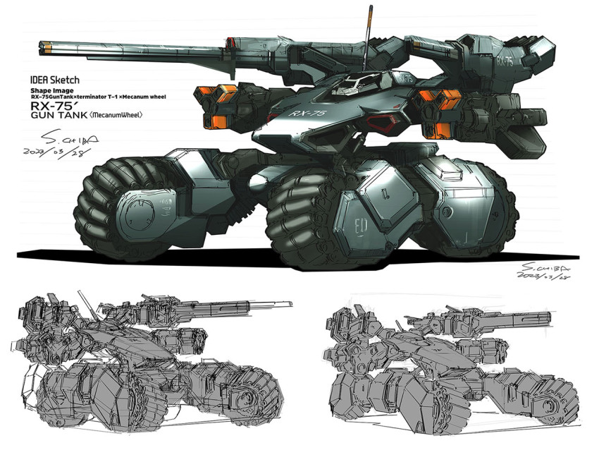 character_name chiba_shinichi dated english_text gundam guntank mecha mobile_suit_gundam multiple_views no_humans redesign robot science_fiction shoulder_cannon signature white_background