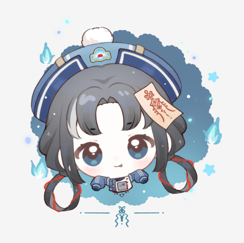 1girl :p baonu_de_zhanshen_caibutou bead_necklace beads black_hair blue_background blue_eyes blue_fire blue_hat blue_shirt chibi chinese_clothes chinese_commentary closed_mouth commentary_request cropped_torso eyelashes fire grey_background hair_ribbon hair_rings happy hat highres hitodama infinity_nikki jewelry jiangshi light_blush light_particles long_hair long_sleeves looking_at_viewer multicolored_hair necklace nighttime_whisper_(infinity_nikki) nikki_(series) ofuda ofuda_on_head outstretched_arms parted_bangs pom_pom_(clothes) prayer_beads print_shirt puffy_long_sleeves puffy_sleeves qingdai_guanmao red_ribbon ribbon shirt sleeves_past_fingers sleeves_past_wrists smile solo sparkle star_(symbol) straight-on streaked_hair tareme tongue tongue_out two-tone_background two-tone_shirt vertical-striped_sleeves white_shirt zombie_pose