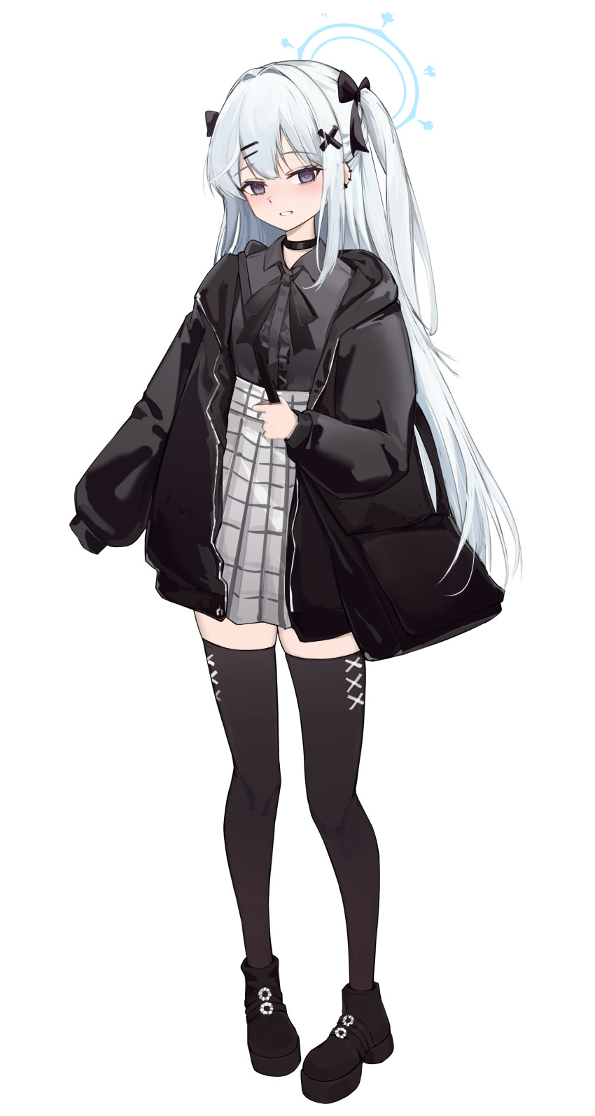 1girl absurdres alternate_costume alternate_hairstyle bag black_boots black_bow black_bowtie black_choker black_ribbon black_shirt black_thighhighs blue_archive blue_halo blush boots bow bowtie center_frills choker collared_shirt commentary ear_piercing eyelashes frilled_shirt frills full_body grey_skirt grin hair_between_eyes hair_bow hair_intakes hair_ornament hair_ribbon hairclip halo hand_up handbag heart heart-shaped_pupils high-waist_skirt highres jirai_kei long_hair looking_at_viewer miyako_(blue_archive) nammmmer parallel_hairclips piercing plaid_clothes plaid_skirt pleated_skirt purple_eyes ribbon shirt sidelocks simple_background skirt sleeves_past_wrists smile solo standing straight_hair symbol-shaped_pupils thighhighs tsurime two_side_up very_long_hair white_background white_hair x_hair_ornament zettai_ryouiki
