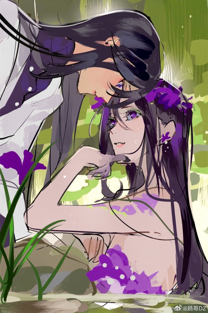2girls ayame_en_(ouge_dz) bare_arms bare_shoulders black_hair black_pants buttons chinese_commentary colored_extremities commentary_request cowboy_shot day dress dress_shirt expressionless eyeshadow flower flower_dress flower_tattoo forest from_side grass green_eyeshadow hair_between_eyes hand_on_own_chin head_wreath heads_together highres kneeling lab_coat lipstick long_hair long_sleeves looking_at_another makeup multiple_girls nature nervous_smile original ouge_dz outdoors pants parted_lips partially_submerged pink_lips pointy_nose purple_dress purple_eyes purple_flower purple_hair purple_shirt rock scientist shirt shoulder_tattoo smile straight_hair strapless strapless_dress sweatdrop tattoo upper_body watermark weibo_watermark yuri yuri_chie_(ouge_dz)