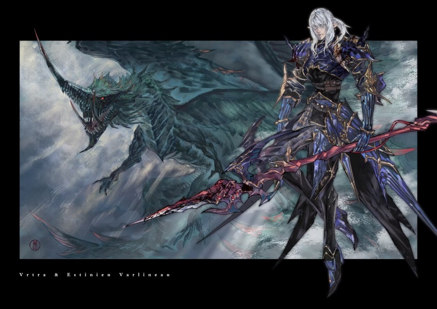 1boy armor black_border border breastplate character_name dragon dragoon_(final_fantasy) elezen elf estinien_varlineau faulds final_fantasy final_fantasy_xiv full_body gauntlets helmet highres holding holding_helmet holding_polearm holding_weapon lance looking_at_viewer male_focus monster open_mouth outside_border pauldrons pointy_ears polearm ponytail red_eyes ruoyi120 shoulder_armor unworn_headwear unworn_helmet vrtra_(final_fantasy) weapon white_hair