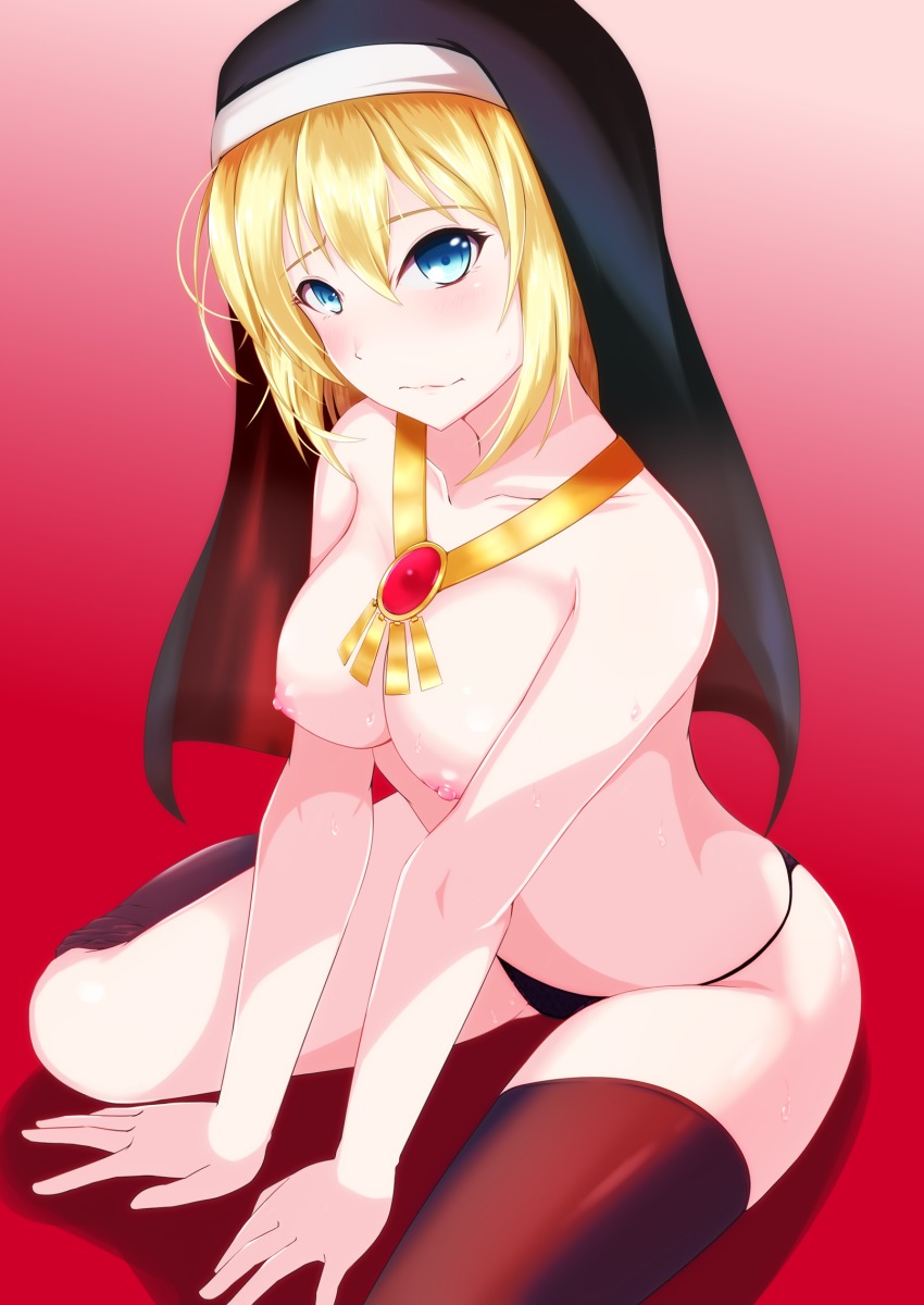 1girl arms_between_legs black_panties black_thighhighs blonde_hair blue_eyes blush breasts byelen closed_mouth collarbone commentary_request female_focus gem goeniko gradient_background habit highres jewelry legs long_hair looking_at_viewer m.u.g.e.n medium_breasts necklace nipples nun panties red_background red_gemstone shadow sitting solo spread_legs the_king_of_fighters thighhighs thighs topless_female underwear wariza wavy_mouth