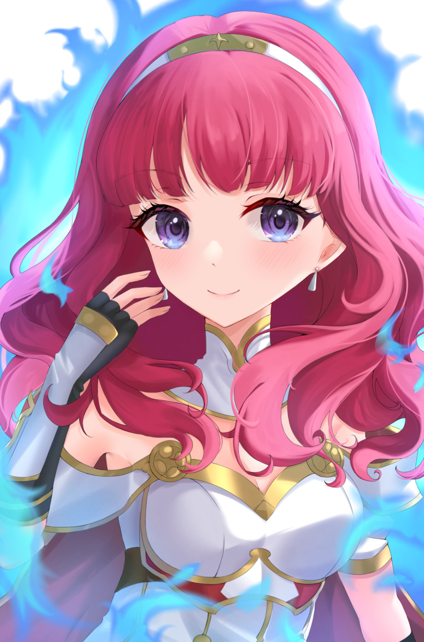 1girl armor aura blue_aura blue_eyes breastplate breasts cape celica_(emblem)_(fire_emblem) celica_(fire_emblem) choker cleavage dress earrings ell_0314 fingerless_gloves fire_emblem fire_emblem_echoes:_shadows_of_valentia fire_emblem_engage gloves highres jewelry long_hair medium_breasts nintendo princess purple_eyes red_hair tiara white_armor white_dress
