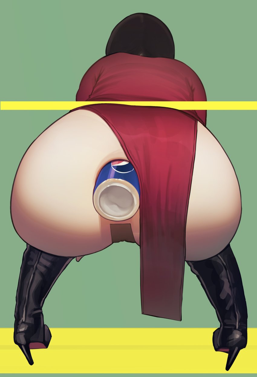 1girl absurdres anal anal_object_insertion ass ass_focus black_hair boots can china_dress chinese_clothes dress from_behind green_background high_heel_boots high_heels highres large_insertion maebari mmmmmkun object_insertion original outside_border pelvic_curtain pepsi short_hair side_slit simple_background solo squatting
