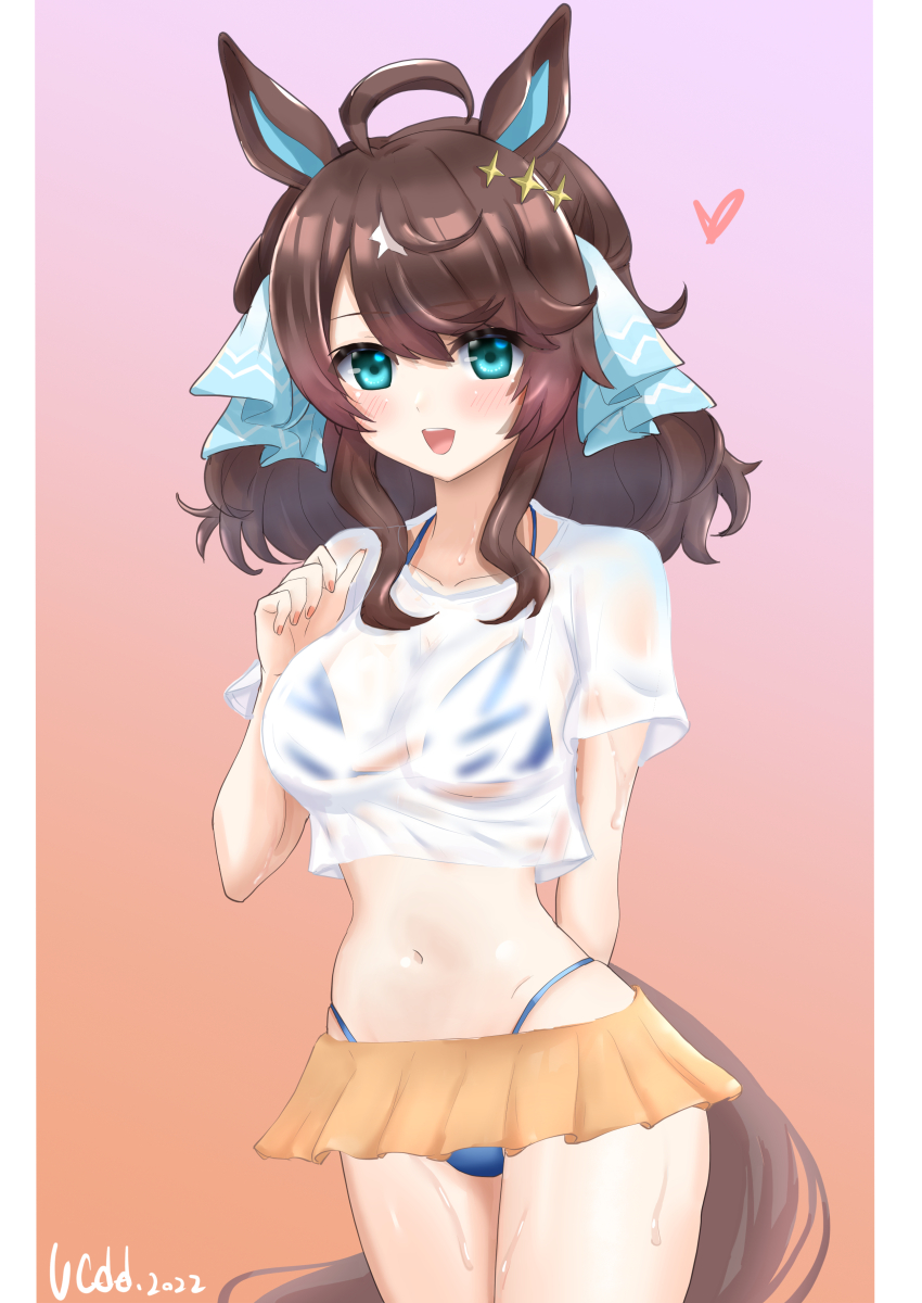 1girl absurdres ahoge alternate_costume animal_ears blue_eyes blush breasts commentary_request daring_tact_(umamusume) dated hair_ornament heart highres horse_ears horse_girl looking_at_viewer medium_breasts medium_hair navel open_mouth see-through_clothes simple_background star_(symbol) star_hair_ornament swimsuit umamusume unicorndd123 wet