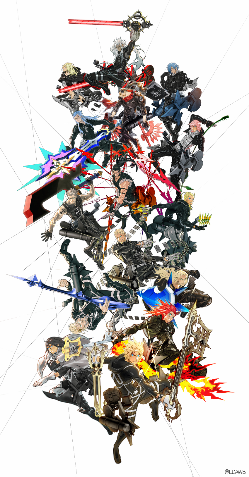 3girls 6+boys absurdres adapted_costume axe axel_(kingdom_hearts) black_coat_(kingdom_hearts) book card cloak crossover demyx dual_persona epic glowing glowing_weapon gun highres hood huge_filesize huge_weapon instrument keyblade kingdom_hearts larry_d_warren_jr. larxene lexaeus luxord marluxia multiple_boys multiple_girls namine organization_xiii playing_card polearm roxas saix scarf scythe shield shingeki_no_kyojin sitar spear spiked_hair sword three-dimensional_maneuver_gear vexen weapon xaldin xemnas xigbar xion_(kingdom_hearts) zexion