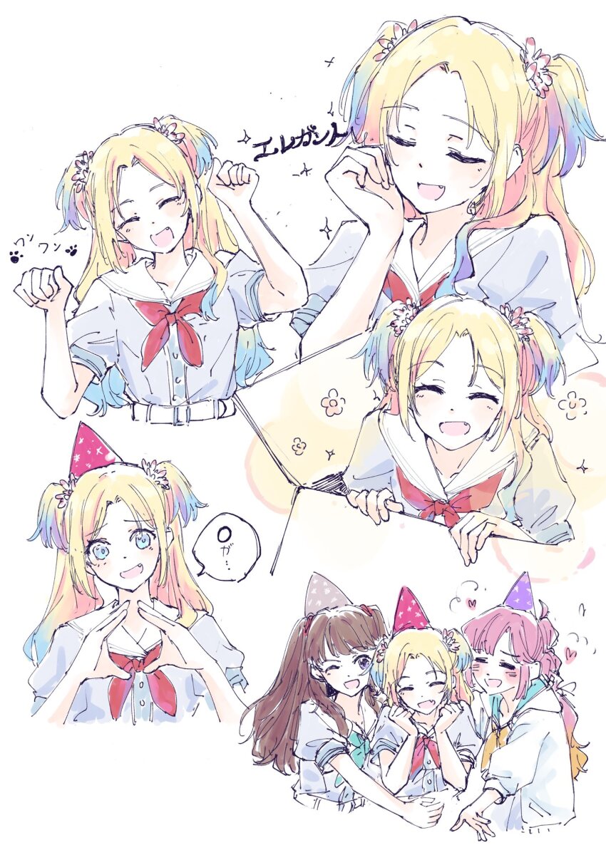3girls :d ;d ^_^ ahoge anyoji_hime aqua_neckerchief blonde_hair blue_dress blue_hair blunt_bangs blush box brown_hair cardboard_box circle_hands clenched_hands closed_eyes commentary cropped_torso dress fang flower flower_symbol fujishima_megumi girl_sandwich gradient_hair grey_hat group_hug hair_flower hair_ornament hair_ribbon happy_aura hasu_no_sora_school_uniform hat heart highres hood hooded_jacket hug in_box in_container jacket l9525 light_blue_hair link!_like!_love_live! long_hair love_live! mira-cra_park! multi-tied_hair multicolored_hair multiple_girls multiple_views neckerchief one_eye_closed open_clothes open_jacket open_mouth orange_hair osawa_rurino osawa_rurino&#039;s_cardboard_box parted_bangs party_hat paw_pose pink_flower pink_hair pink_hat print_headwear puffy_short_sleeves puffy_sleeves purple_eyes red_neckerchief ribbon sailor_collar sailor_dress sandwiched school_uniform short_sleeves sidelocks simple_background three-quarter_sleeves smile speech_bubble star_(symbol) star_print summer_uniform swept_bangs symbol-only_commentary translation_request twintails two_side_up u_u virtual_youtuber white_background white_jacket white_sailor_collar yellow_neckerchief