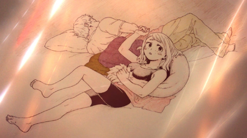 1boy 1girl barefoot boku_no_hero_academia breasts cleavage dimples hetero holding_hands large_breasts looking_at_viewer lying medium_hair monochrome moss_chicken ojiro_mashirao pants pillow shirt short_hair short_shorts shorts sleeping tail tank_top uraraka_ochako