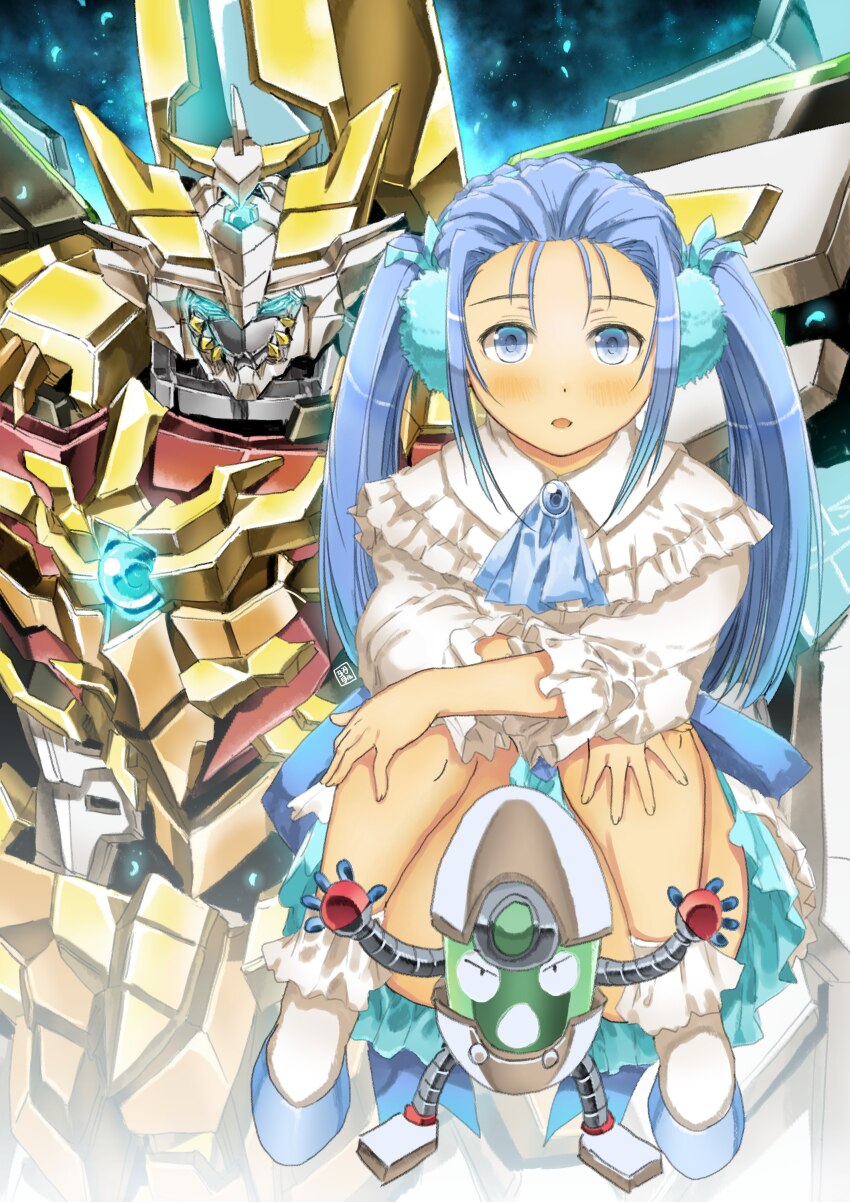 1girl absurdres animo-014 blue_eyes blue_footwear blue_hair blue_ribbon blush cloud dress frilled_socks frills garimpeiro glowing glowing_eyes hair_ribbon highres larua_(sworgrader) long_hair looking_at_viewer mecha open_mouth ribbon robot sidelocks sitting sky socks super_robot sworgrader twintails v-shaped_eyebrows very_long_hair white_dress white_socks yuusha_series yuusha_uchuu_sworgrader