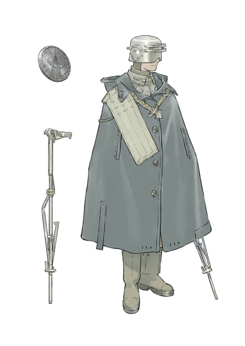 1boy absurdres blue_coat boots brown_boots cane chenrong96 closed_mouth coat coin covered_eyes full_body grey_helmet helmet highres holding hood hood_down hooded_coat male_focus original simple_background solo standing white_background