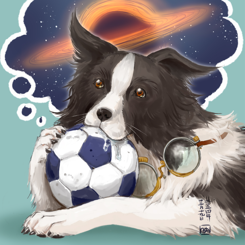 animal_focus artist_name ball black_hole border_collie brown_eyes commission device dog drooling highres kihara_utsuru novelty_glasses pickles_(reverse:1999) pixiv_commission reverse:1999 signature soccer_ball space speech_bubble thought_bubble