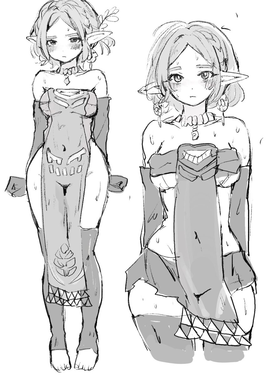 1girl alternate_costume blush bob_cut braid breasts cutout earrings gloves greyscale hatenokatasumi highres jewelry kneehighs medium_breasts monochrome navel necklace nintendo parted_bangs pelvic_curtain pointy_ears princess_zelda revealing_clothes secret_stone short_hair sketch skirt socks sweat the_legend_of_zelda the_legend_of_zelda:_tears_of_the_kingdom thigh_gap thighhighs toes underboob white_background wide_hips