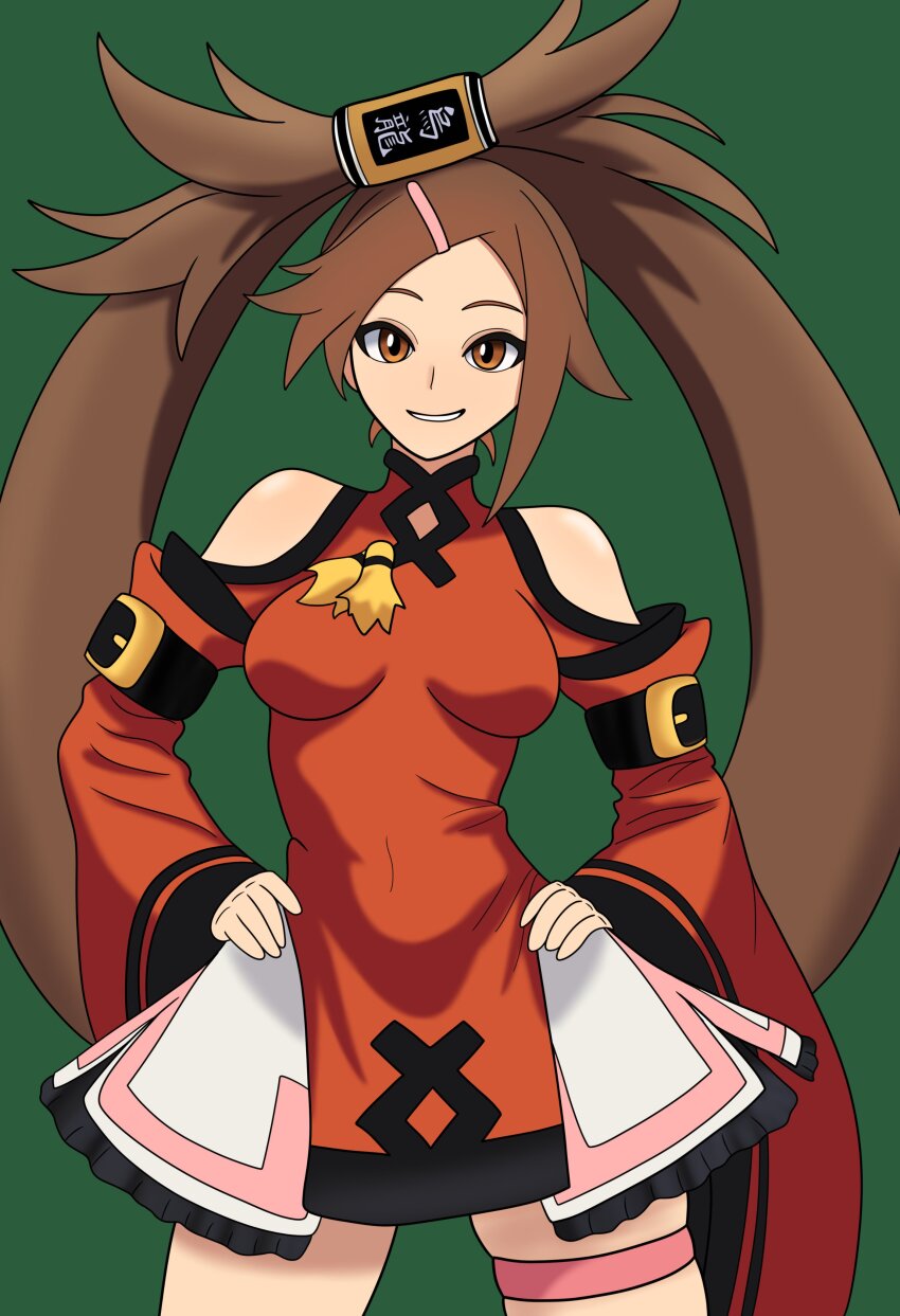 1girl absurdres bare_shoulders bojack198 breasts brown_eyes brown_hair china_dress chinese_clothes cowboy_shot detached_sleeves dress fingerless_gloves gloves green_background guilty_gear hair_rings highres kuradoberi_jam long_hair looking_at_viewer medium_breasts red_dress single_hair_ring skirt smile solo twintails very_long_hair wide_sleeves