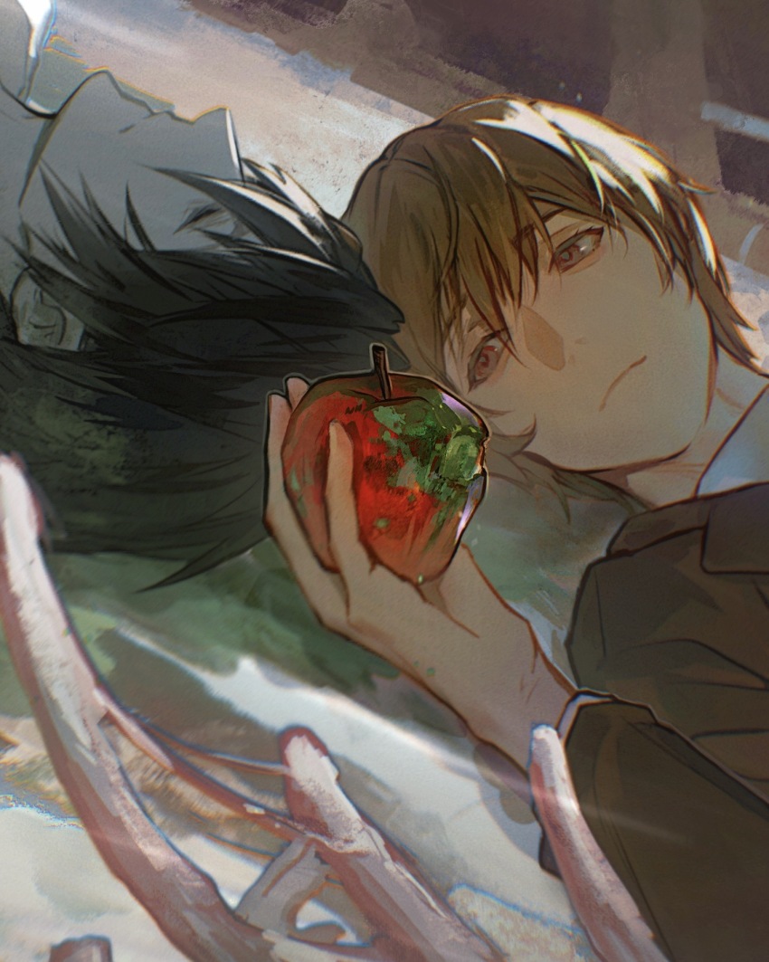 2boys apple black_hair black_jacket brown_eyes brown_hair chinese_commentary closed_eyes closed_mouth commentary_request death_note food frown fruit hair_between_eyes highres holding holding_food holding_fruit jacket l_(death_note) lapels layered_sleeves long_sleeves looking_at_another lying male_focus multiple_boys notched_lapels on_back shiragon shirt suit_jacket white_shirt yagami_light