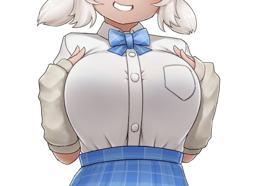 blue_bow blue_bowtie blue_skirt blush bow bowtie close-up collared_shirt dark-skinned_female dark_skin detached_sleeves highres kemono_friends lion_girl plaid_bow plaid_bowtie plaid_clothes plaid_skirt pleated_skirt shirt shirt_tucked_in short_sleeves short_twintails sidelocks skirt sleeves_past_wrists smile t-shirt thumb_hole_sleeves transvaal_lion_(kemono_friends) twintails white_hair white_shirt white_sleeves yonkuron