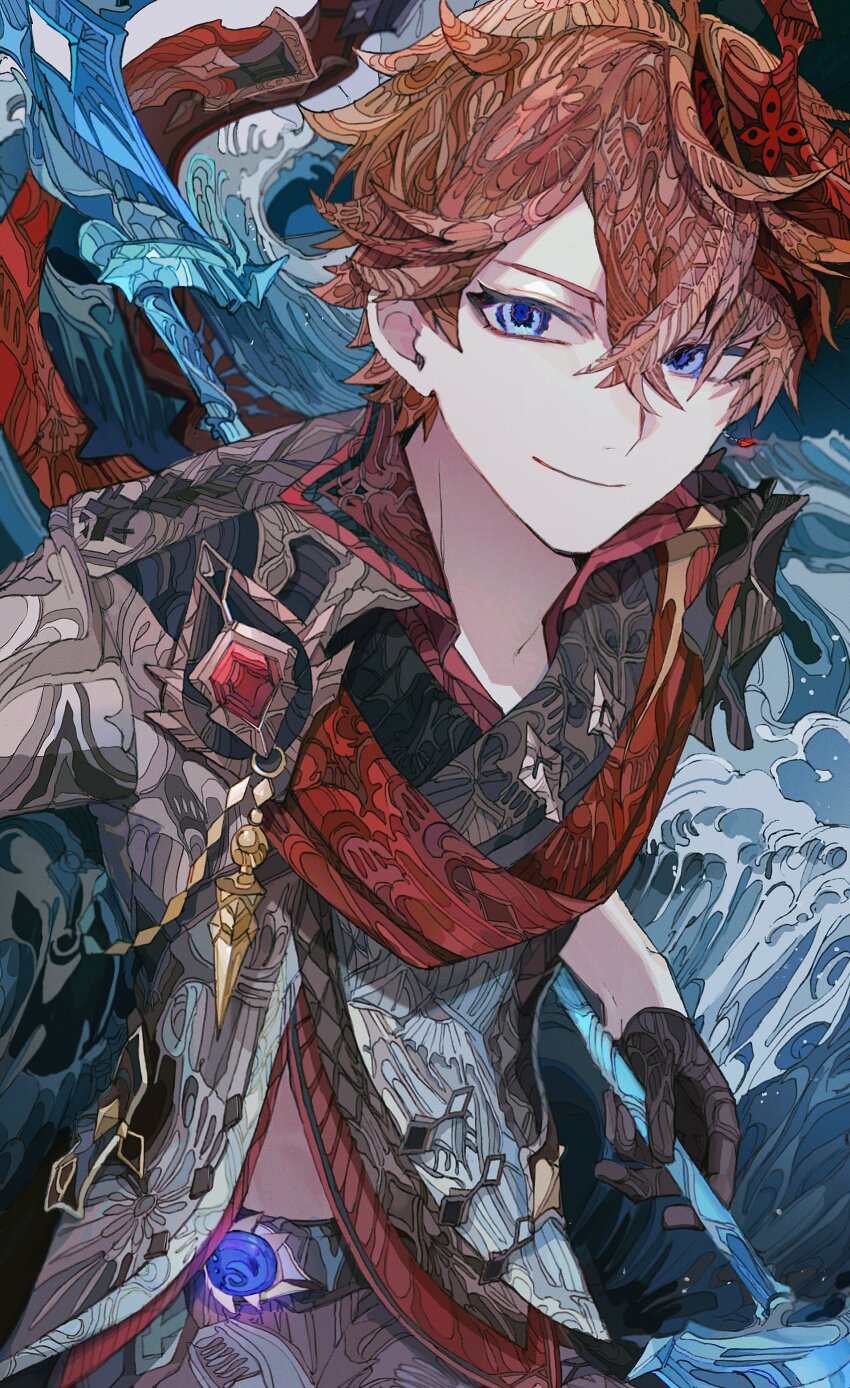 1boy absurdres black_gloves blue_eyes brown_hair closed_mouth commentary cowboy_shot earrings gem genshin_impact gloves grey_jacket grey_pants hair_between_eyes highres holding holding_weapon jacket jewelry liquid_weapon looking_at_viewer male_focus mask mask_on_head open_clothes open_shirt pants patterned_clothing patterned_hair red_gemstone red_mask red_scarf red_shirt scarf shirt short_hair single_earring smile solo tartaglia_(genshin_impact) vision_(genshin_impact) water waves weapon yadu_nadu