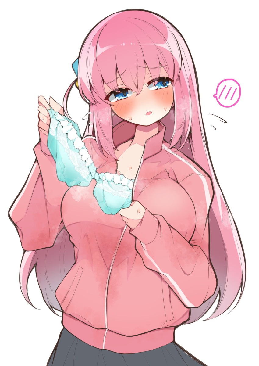 1girl aqua_bra averting_eyes blue_eyes blush bocchi_the_rock! bra breasts choppy_bangs cube_hair_ornament facing_viewer flying_sweatdrops gotoh_hitori grey_skirt hair_between_eyes hair_ornament hair_over_eyes highres holding holding_bra holding_unworn_clothes holding_underwear holding_unworn_clothes jacket large_breasts long_hair one_side_up pink_hair pink_jacket pleated_skirt presenting_bra removing_bra removing_bra_under_shirt simple_background skirt solo spoken_blush steaming_clothes track_jacket underwear white_background yamada_naoko_(kodamayanao)