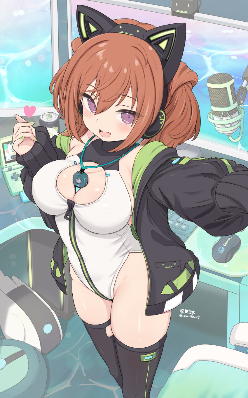 1girl absurdres alice_gear_aegis animal_ear_headphones animal_ears between_breasts black_jacket black_thighhighs breasts brown_hair can cat_ear_headphones cat_ears circle_cutout cleavage_cutout clothing_cutout commentary_request companion/af computer_keyboard computer_mouse covered_collarbone digital_media_player drink_can fake_animal_ears fang feet_out_of_frame finger_heart from_above front_zipper full-length_zipper game_boy_advance game_boy_advance_sp handheld_game_console headphones heart heattech_leotard highleg highleg_leotard highres jacket kimikage_yui leotard looking_at_viewer medium_breasts microphone monitor multicolored_leotard purple_eyes race_queen selfie seseragi_(star4rats) skin_fang smile solo thighhighs turtleneck twintails twintails_with_hair_base two-tone_leotard white_leotard zipper zipper_leotard zipper_pull_tab