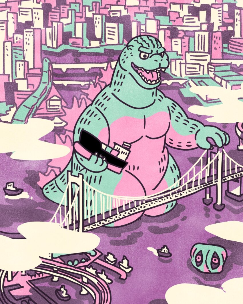 boat bridge city creature from_above giant giant_monster godzilla godzilla_(series) godzilla_vs._hedorah hedorah highres kaiju monster monster_focus no_humans open_mouth outdoors sharp_teeth tail takeuchi_ryousuke teeth toho watercraft