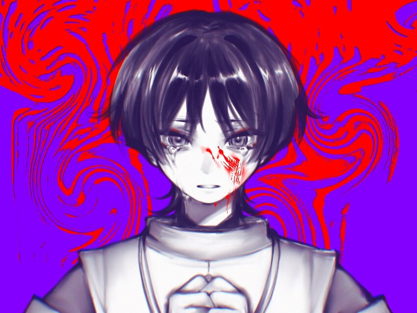 1boy blunt_ends clothing_cutout crying crying_with_eyes_open genshin_impact hair_intakes highres japanese_clothes kariginu layered_sleeves looking_at_viewer male_focus mandarin_collar monochrome open_mouth own_hands_together parted_bangs portrait purple_background purple_eyes purple_hair red_background scaramouche_(genshin_impact) scaramouche_(kabukimono)_(genshin_impact) shoulder_cutout solo spiral_background spot_color straight-on tears tsurime tujiang6 two-tone_background