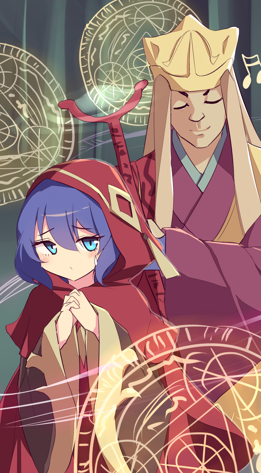 1boy 1girl absurdres blue_eyes blue_hair closed_eyes duel_monster gameplay_mechanics highres holding holding_staff jowgen_the_spiritualist kanzakietc lo_the_prayers_of_the_voiceless_voice looking_at_another monk nervous praying red_robe robe staff sweatdrop yu-gi-oh!