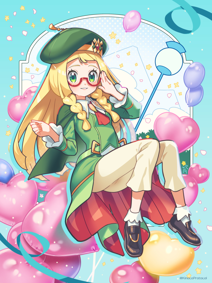 1girl adjusting_eyewear ascot balloon bianca_(champion)_(pokemon) bianca_(pokemon) bianca_(pokemon)_(cosplay) blonde_hair blush braid collared_shirt commentary_request cosplay eyelashes full_body glasses green_eyes green_hat hands_up happy hat highres kinocopro lillie_(pokemon) long_hair nintendo pants pokemon pokemon_masters_ex pokemon_sm red-framed_eyewear red_ascot semi-rimless_eyewear shirt shoes smile socks solo twin_braids white_shirt white_socks