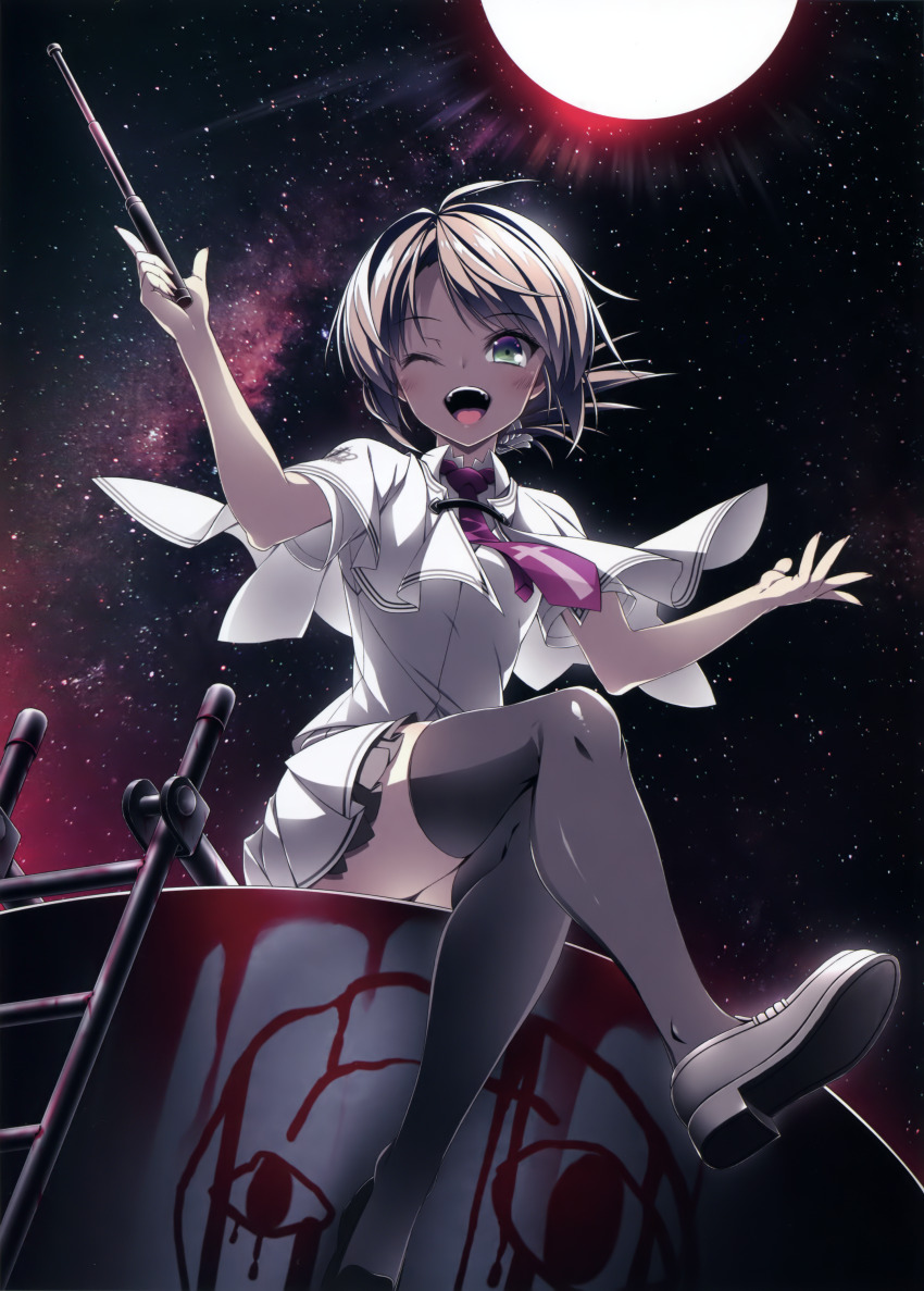 1girl absurdres black_shoes black_thighhighs brown_hair capelet collared_shirt cross cross_print crossed_legs crown_print fangs frilled_skirt frills full_body full_moon green_eyes hair_bun hands_up highres loafers looking_at_viewer moon necktie night night_sky one_eye_closed open_mouth outdoors outstretched_hand red_necktie school_uniform shirt shoes short_hair short_sleeves sitting skirt sky solo star_(sky) starry_sky subarashiki_hibi suzuri_(tennenseki) tachibana_kimika teeth thighhighs tongue upper_teeth_only white_capelet white_shirt white_skirt