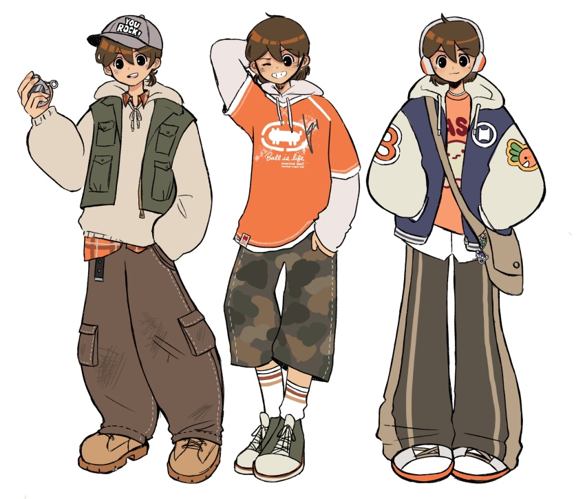 1boy :3 arm_behind_head arm_up bag_charm baseball_cap black_eyes black_pants blush brown_hair brown_pants camouflage camouflage_shorts character_charm charm_(object) closed_mouth collared_shirt dark-skinned_male dark_skin double-parted_bangs green_shoes green_vest grey_hat hair_between_eyes hand_in_pocket hat headphones highres hood hood_down hoodie jacket jash_(omori) kaiami kel_(birthday)_(omori) kel_(faraway)_(omori) kel_(headspace)_(omori) kel_(omori) letterman_jacket long_sleeves looking_at_viewer low_ponytail male_focus omori one_eye_closed open_mouth orange_hoodie orange_joe_(omori) orange_shirt pants ponytail shirt shirt_under_hoodie shoes short_hair short_ponytail shorts simple_background smile sneakers socks solo sweatpants unzipped vest white_background white_hoodie white_shoes white_socks zipper zipper_pull_tab