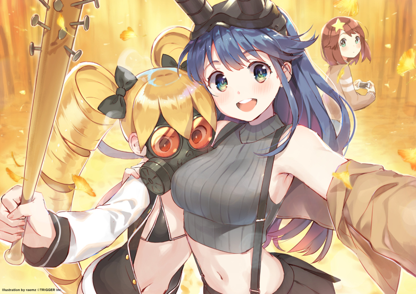 3girls baseball_bat bikini black_bikini blonde_hair blue_hair bob_cut cellphone drill_hair gas_mask green_eyes looking_at_viewer looking_back mask multiple_girls muzzle_(trigger) nail nail_(hardware) nail_bat official_art phone red_hair smartphone spring_(trigger) swimsuit trigger-chan trigger_(company) twintails watermark weapon weee_(raemz)