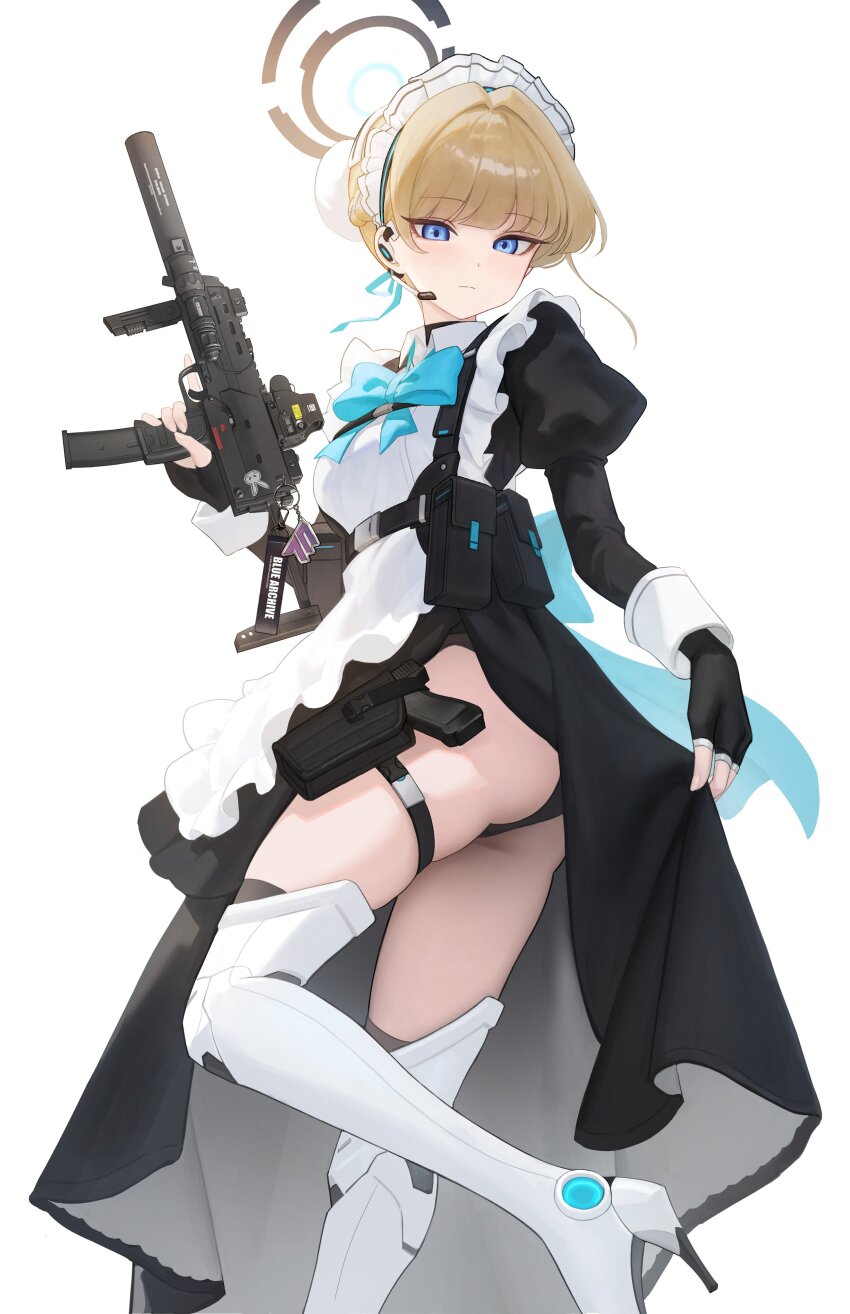 1girl absurdres apron ass black_dress blonde_hair blue_archive blue_eyes blue_halo braid clothes_lift dress earpiece expressionless frilled_apron frills from_side glock gun h&amp;k_mp7 hair_bun half_up_braid halo handgun heine_(haloo1101) highres holding holding_gun holding_weapon holster holstered lifting_own_clothes looking_at_viewer maid maid_apron maid_headdress puffy_sleeves skirt skirt_lift solo submachine_gun thigh_holster toki_(blue_archive) trigger_discipline weapon white_apron