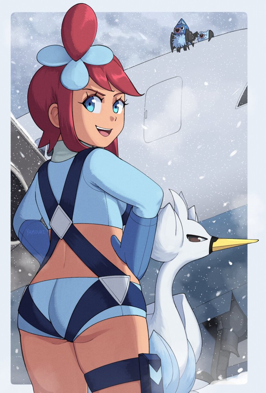 1girl aircraft airplane ass beak bird blue_eyes breasts brown_eyes crop_top dark-skinned_female dark_skin from_behind gen_5_pokemon gloves highres large_breasts long_sleeves micro_shorts nintendo pokemon pokemon_bw shorts skyla_(pokemon) swanna swoobat teeth upper_teeth_only woobat yamouri