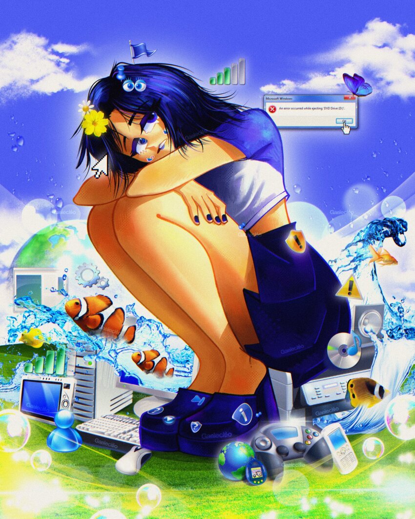 1girl blue_eyes blue_hair blue_shoes blue_skirt bubble bug butterfly cloud computer computer_keyboard computer_mouse controller cursor error_message fish flower frutiger_aero gabiecillo game_console game_controller glasses hair_flower hair_ornament handheld_game_console highres icon_(computing) insect looking_at_viewer miniskirt monitor nail_polish original shoes short_hair skirt sky solo squatting tamagotchi tamagotchi_(classic) water window_(computing)