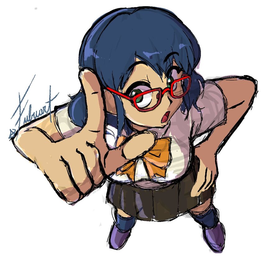 1girl blue_hair bow bowtie full_body glasses green_eyes inazuma_eleven_(series) open_mouth orange_bow otonashi_haruna pointing pointing_at_viewer red-framed_eyewear shirt skirt white_background white_shirt