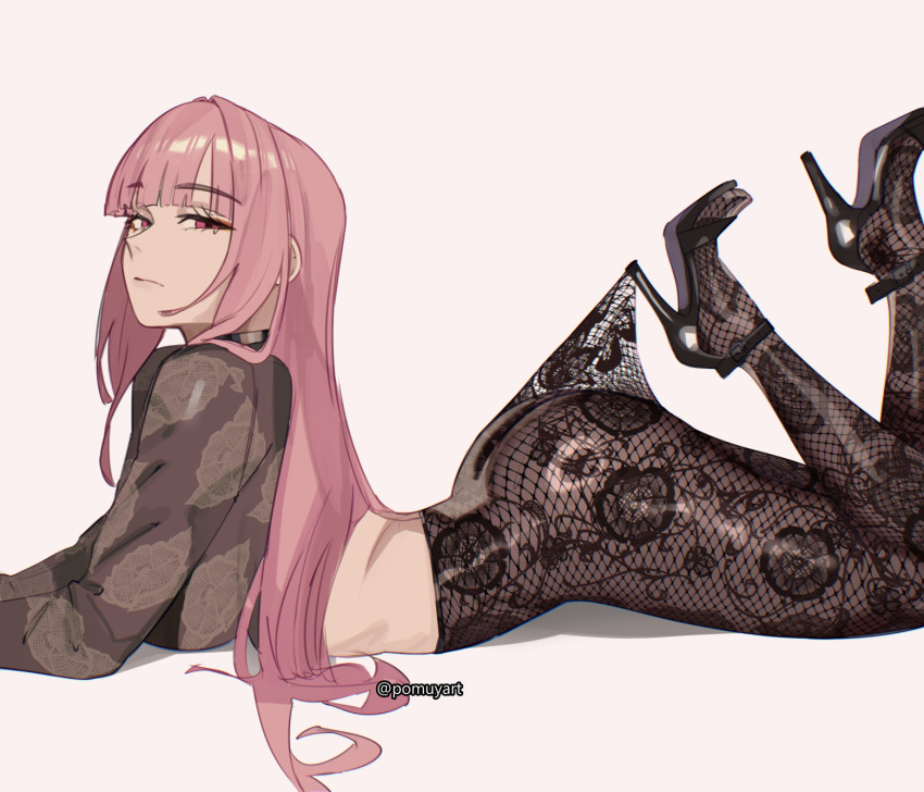 1girl ass black_pantyhose black_shoes blunt_bangs breasts commentary cropped_shirt english_commentary feet_up grey_background grey_shirt high_heels highres hololive hololive_english lace_pantyhose lace_pantyhose_hooked_on_heel_(meme) large_breasts long_hair looking_at_viewer lying meme mori_calliope on_stomach pantyhose pink_eyes pink_hair pomuya shirt shoes simple_background solo straight_hair strappy_heels the_pose virtual_youtuber