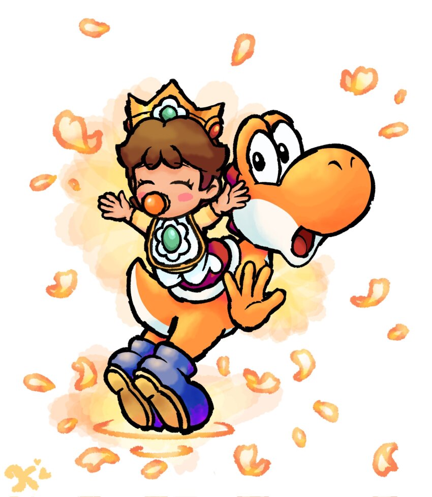 1boy 1girl baby baby_daisy bib blue_footwear blush_stickers boots brown_hair closed_eyes crown full_body highres keidontlie looking_at_viewer mario_(series) nintendo official_style open_mouth orange_petals pacifier princess_daisy simple_background white_background yoshi yoshi&#039;s_island_ds yoshi&#039;s_island_ds_(style)