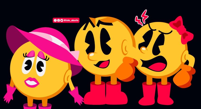 1boy 2girls angry black_background boots bow confused creature eyelashes eyeshadow full_body gloves hat lipstick lolo_aburto long_nose makeup mature_female mittens ms._pac-man multiple_girls namco no_humans no_nose open_mouth orange_gloves pac-man pac-man_(game) pac-man_eyes pac-mom pink_eyeshadow pink_gloves pink_headwear pink_lips red_bow red_footwear red_ribbon ribbon standing