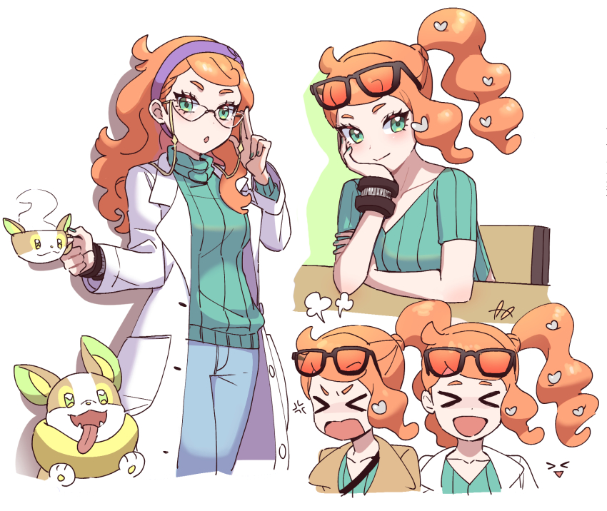 &gt;_&lt; +++ 1girl :o adjusting_eyewear alternate_hairstyle anger_vein angry blush buttons closed_mouth collarbone commentary cosplay cropped_legs cup dede_(qwea_00000) eyelashes eyewear_on_head facing_viewer fuming game_freak gen_8_pokemon glasses green_eyes green_nails green_shirt green_sweater hair_down hair_ornament hairband hand_up happy head_rest heart heart_hair_ornament highres holding holding_cup lab_coat long_hair looking_at_viewer magnolia_(pokemon) magnolia_(pokemon)_(cosplay) multiple_views nail_polish nintendo open_mouth orange_hair pants pokemon pokemon_swsh purple_hairband ribbed_shirt ribbed_sweater shirt short_sleeves side_ponytail simple_background sitting smile sonia_(pokemon) standing steam sunglasses sweater symbol-only_commentary table teacup tongue upset white_background yamper