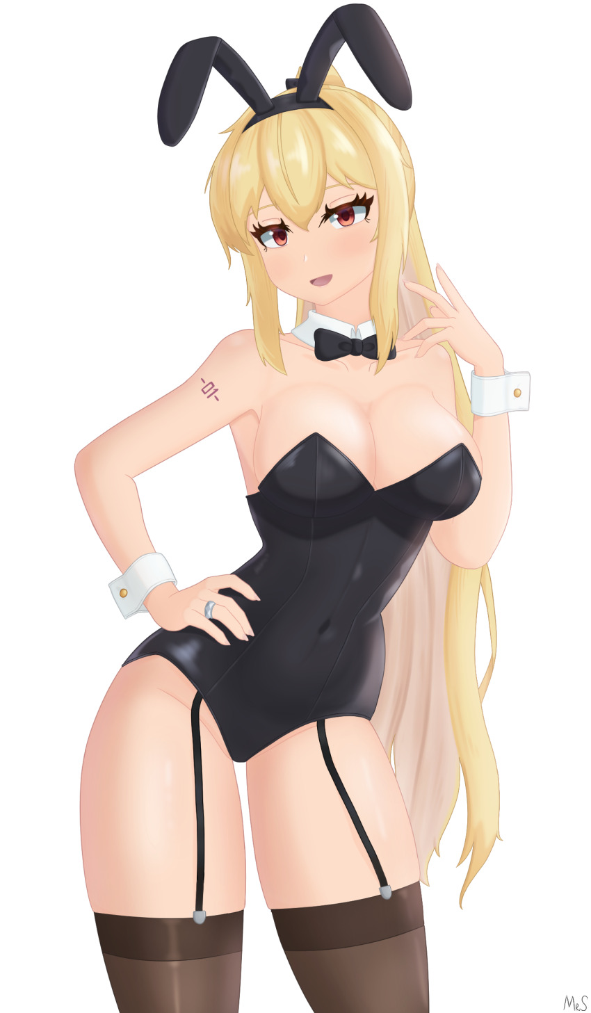 1girl absurdres animal_ears black_bow black_bowtie black_leotard bow bowtie breasts commentary english_commentary fake_animal_ears garter_straps girls&#039;_frontline highres jewelry leotard long_hair looking_at_viewer mr.something open_mouth playboy_bunny ponytail red_eyes ring solo sv-98_(girls&#039;_frontline) thighhighs wedding_ring wrist_cuffs