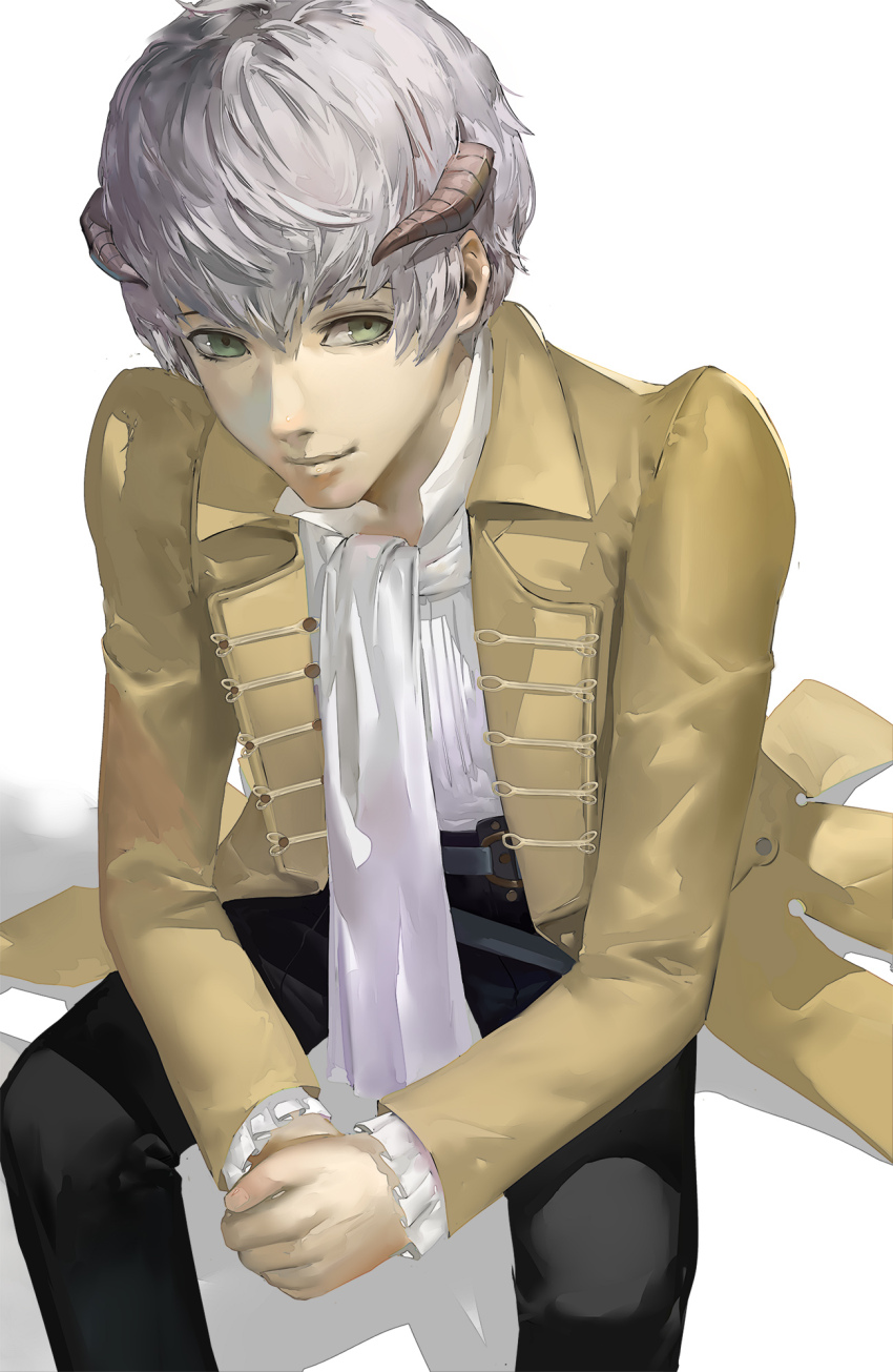 1boy ascot black_pants blazpu closed_mouth coat collared_coat collared_shirt feet_out_of_frame frilled_sleeves frills green_eyes highres horns long_sleeves looking_to_the_side male_focus metaphor:_refantazio own_hands_clasped own_hands_together pants shirt shirt_tucked_in short_hair sideways_glance simple_background sitting smile solo strohl_(metaphor:_refantazio) white_ascot white_background white_hair white_shirt yellow_coat