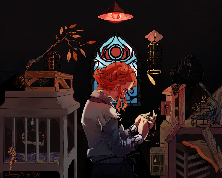 1girl birdcage blue_sky braid braided_bun branch cage ceiling_light cloud crack dragonymango from_side hair_bun highres holding holding_jewelry holding_necklace indoors jewelry kyokugen_dasshutsu kyokugen_dasshutsu_adv:_zennin_shibou_desu leaf light_bulb luna_(kyokugen_dasshutsu) necklace net orange_hair sidelocks sky solo window