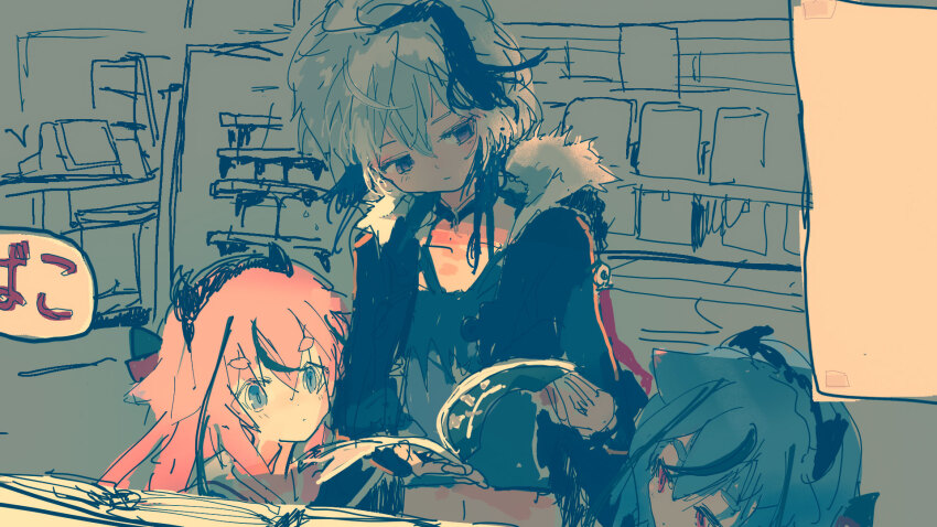 1girl 2others black_jacket black_shirt blue_eyes blue_hair book closed_mouth commentary_request cropped_shirt flower_(gynoid_talk) flower_(vocaloid) fur-trimmed_jacket fur_trim gynoid_talk height_difference highres hikimayu holding holding_book horns indoors jacket kabuyama_kaigi long_hair medium_hair meika_hime meika_mikoto midriff multicolored_hair multiple_others navel open_clothes open_jacket pink_hair purple_eyes reading sandwiched shelf shirt shopping standing streaked_hair upper_body vocaloid