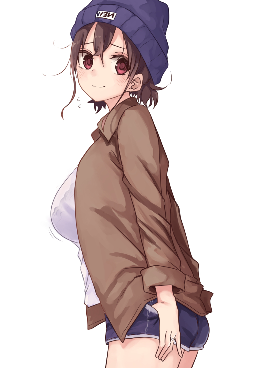 1girl absurdres beanie blouse blue_hat blush bra breasts brown_hair brown_jacket closed_mouth cowboy_shot flying_sweatdrops from_side glint hat highres jacket jewelry large_breasts long_sleeves looking_at_viewer looking_to_the_side niizuma-chan oku-sama_wa_niizuma-chan open_clothes open_jacket ponytail purple_shorts red_eyes ring rucchiifu see-through_clothes see-through_shirt shirt short_shorts shorts simple_background smile solo thumbs_in_pockets underwear wedding_band white_background white_shirt
